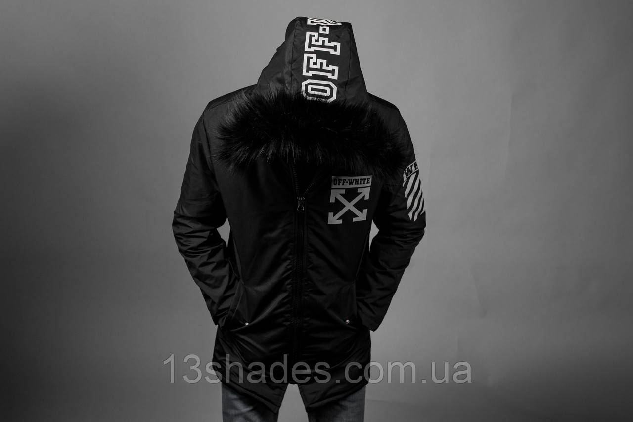 Парка чоловіча демісезонна з капюшоном Off White чорний, фото 1