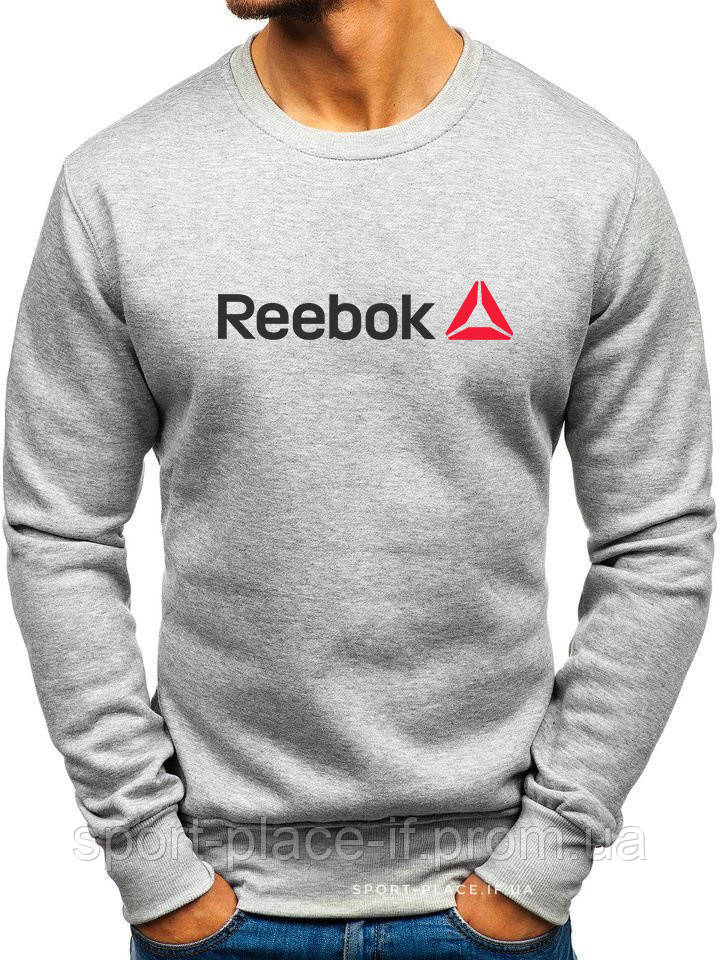 Утеплений чоловічий світшот Reebok (Рібок) ЗИМА світло сірий з начосом (велика емблема) толстовка лонгслив