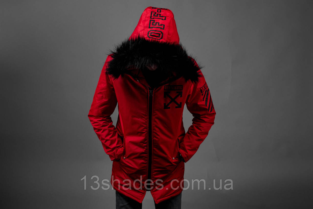 Парка чоловіча демісезонна з капюшоном Off White червона, фото 1