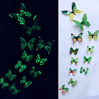 (12 шт) Набор бабочек 3D (на скотче), СВЕТЯЩИЕСЯ ЗЕЛЕНЫЕ с рисунком