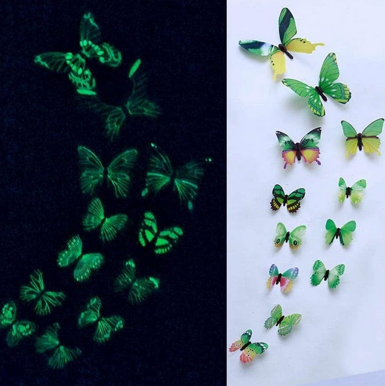 (12 шт.) Набір метеликів 3D (на скотчі), Світяться зелені з малюнком