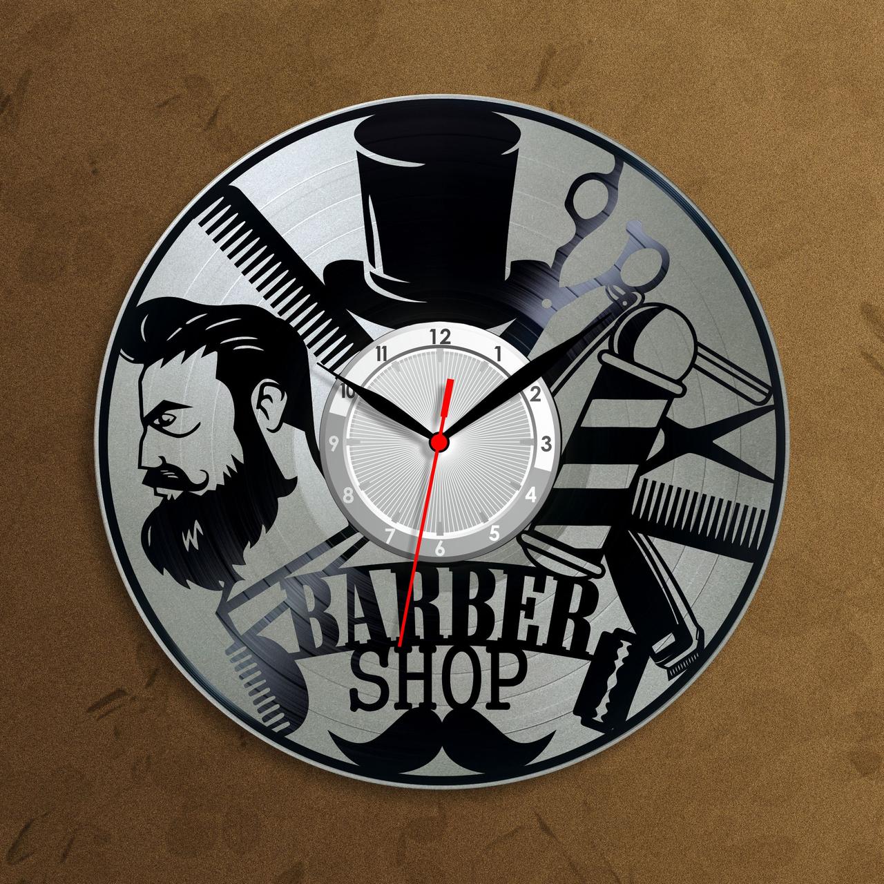 Barber Shop Барбершоп годинник Годинник у салон для чоловіків Бритоя обличчя Круглі годинник Годинник у кольорі срібла, фото 1