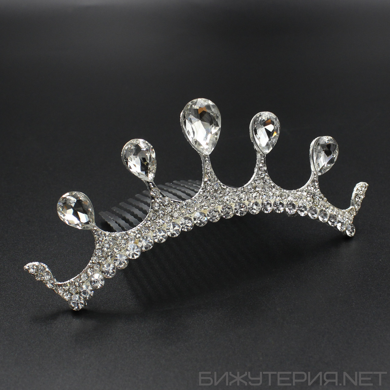 Корона діадема гребінець маленька висота 5 см на металевій основі срібного кольору крапельки