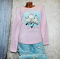 Розмір M (44-46). Преміумкомплект для дому та сну, рожево-блакитна піжама, 100% котон, кофта, штани, капці