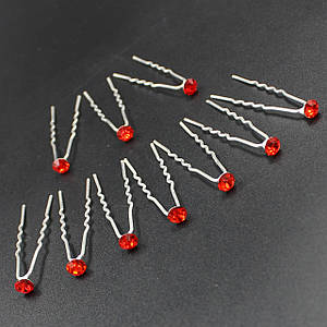 Шпилька для волос серебристого цвета с красными стразами диаметр камушка 8 мм длина 7 см упаковка из 10 штук