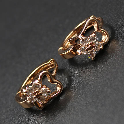 Сережки застібка-кольцо жіночі золотистого кольору Xuping Jewelry сердятко з квіточком з камушками 24K, фото 2