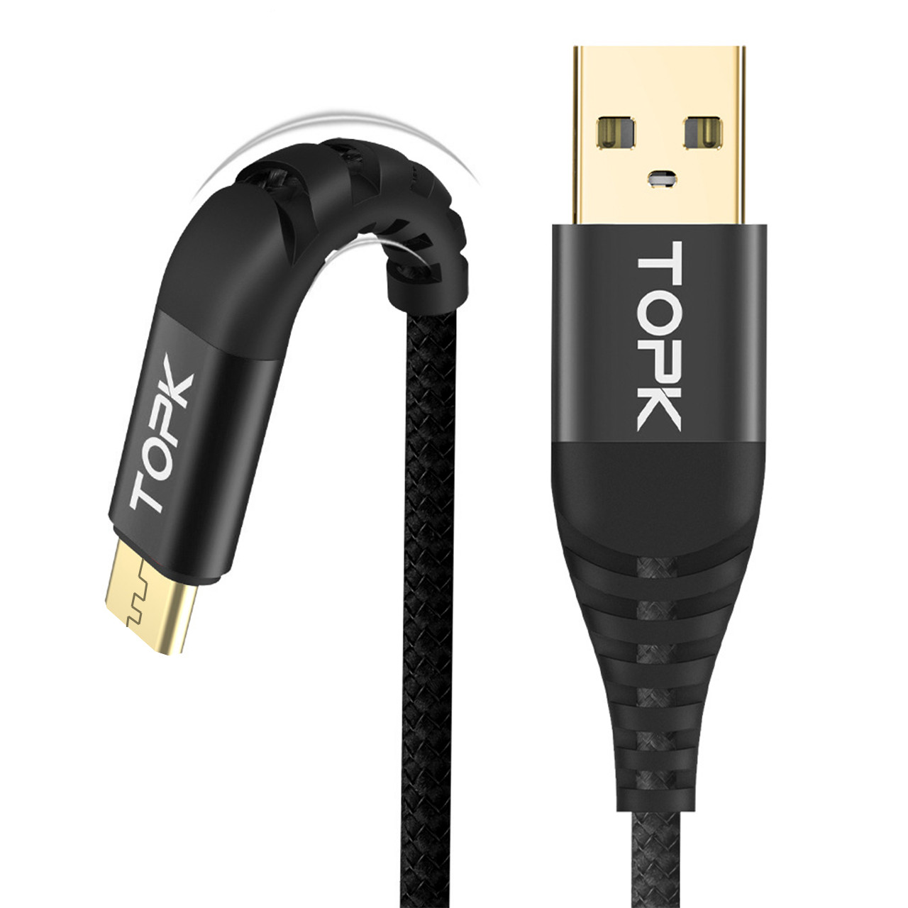 Кабель синхронізації Topk (TK42C-VER2) MicroUSB Black USB 2m 3A нейлоновий 2 шт.