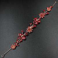 Веточка в прическу для волос металическая золотистая с красными камнями с бабочками 28 см с двумя неведимками