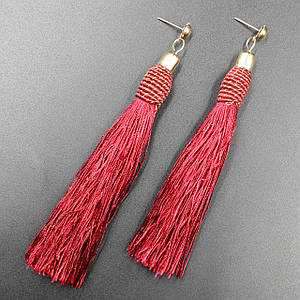 Сережки пензля жіночі гвоздики золотистого кольору довгі об'ємні червоного кольору зі стразами довжина 11 см