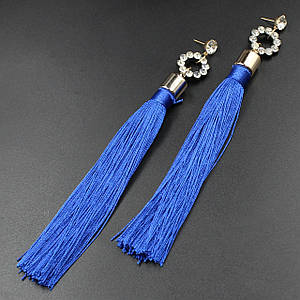 Сережки пензля жіночі гвоздики золотистого кольору довгі об'ємні синього кольору з кристалами довжина 17 см