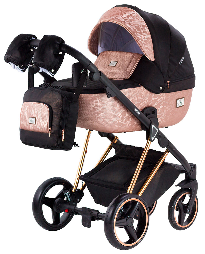 Коляска 2 в 1 Adamex Mimi Polar (Pink Gold) Y837 чорний (люрикс) - мідний (принт) шкіра (видавлений точка), фото 1