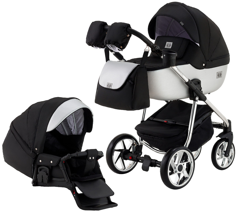 Коляска 2 в 1 Adamex Hybryd Plus Polar (Chrome) BR615 чорний (сріблястий люрекс)- срібло шкіра (видавлений точка), фото 1