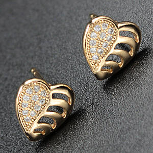 Сережки жіночі золотистого кольору Xuping Jewelry гвоздики, шпусети сердечка зі стразами 24K