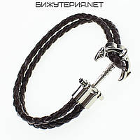 Мужской браслет чёрный плетенный эко кожа серебристый двухслойный якорь Stainless Steel длина 22см ширина 13мм