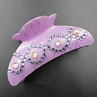 Заколка Краб для волос французский пластик фиолетового цвета с узорами белыми и цветными кристаллами