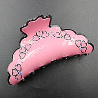 Заколка Краб для волос французский пластик розового цвета с сердечками и переливающимися стразами