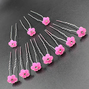 Шпилки для волосся хвиля сріблястого кольору яскраво-розові квіти з камушками набір з 10 штук