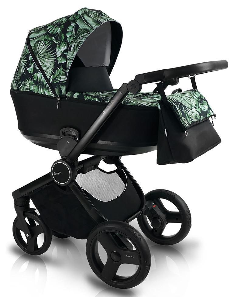 Коляска 2 в 1 Bexa Fresh FR-3 чорний (зелені листя) - чорний прогулянковий блок, фото 1