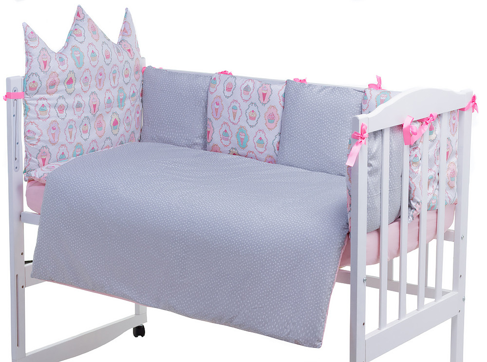Дитяча постіль Babyroom Classic Bortiki-01 (6 елементів) рожевий-білий-сірий (кекси)