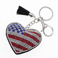 Брелок со стразами серебряный Сердце Американский флаг 6х7 см