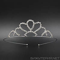 Диадема корона серебристая для девочек маленькая на металлическом тонком ободке со стразами высота 3 см