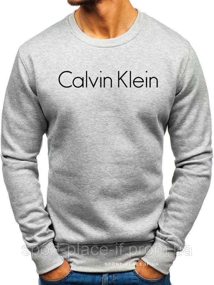 Утеплений чоловічий світшот Calvin Klein (Кельвін Кляйн) ЗИМА світло сірий з начосом толстовка лонгслив