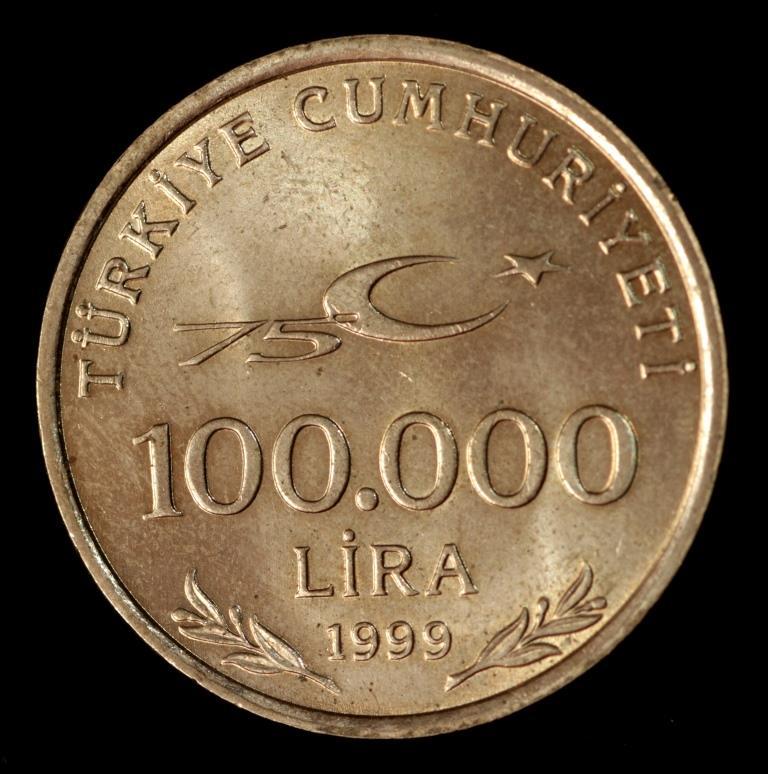 Монета Туреччини 100000 1999 р. "75 років Турецької Республіки", фото 1