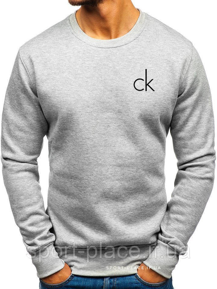 Утеплений чоловічий світшот Calvin Klein (Кельвін Кляйн) ЗИМА світло сірий з начосом толстовка лонгслив