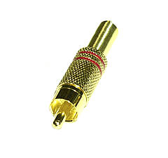 Штекер RCA метал gold, з пружиною d6,5мм, червоні полоси 1-0107R