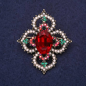 Брошка Орден краси з каменем і стразами колір червоний білий зелений 49х42мм жовтий метал