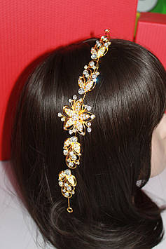 Елегантна золота гілочка з білими каменями гірський кришталь для красивої зачіски на вечірку