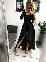 Плаття жіноче Ліана чорне вечірнє асиметричне з гіпюровим рукавом