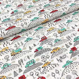 Польська бавовняна тканина "Машинки різнокольорові на пагорбах на білому"