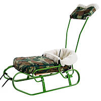 Комплект Хлопчик (санки Експрес хакі + ручка + спинка + чохол Камуфляж/ хутро)