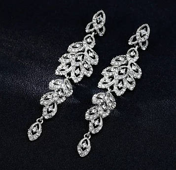 Витончені вечірні сережки срібні золотисті з білими каменями гірський кришталь для наречених випускниць