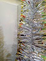 Мишура Новогодняя d=100 мм, длинна 3 метра серебро с разноцветными кончиками (лапша)