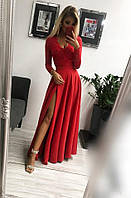 Платье женское Лиана красное вечернее длинное в пол с гипюровым рукавом