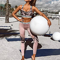 Спортивный женский костюм для фитнеса бега йоги. Спортивные лосины леггинсы топ для фитнеса размер L (розовый)