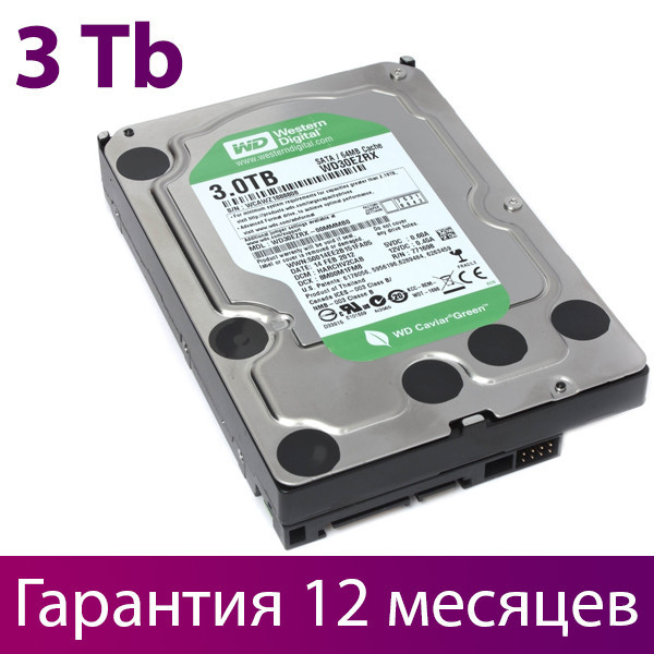 Жесткий диск для компьютера 3.5" 3 Тб/Tb WD Green, SATA3, 64Mb (WD30EZRX), винчестер hdd