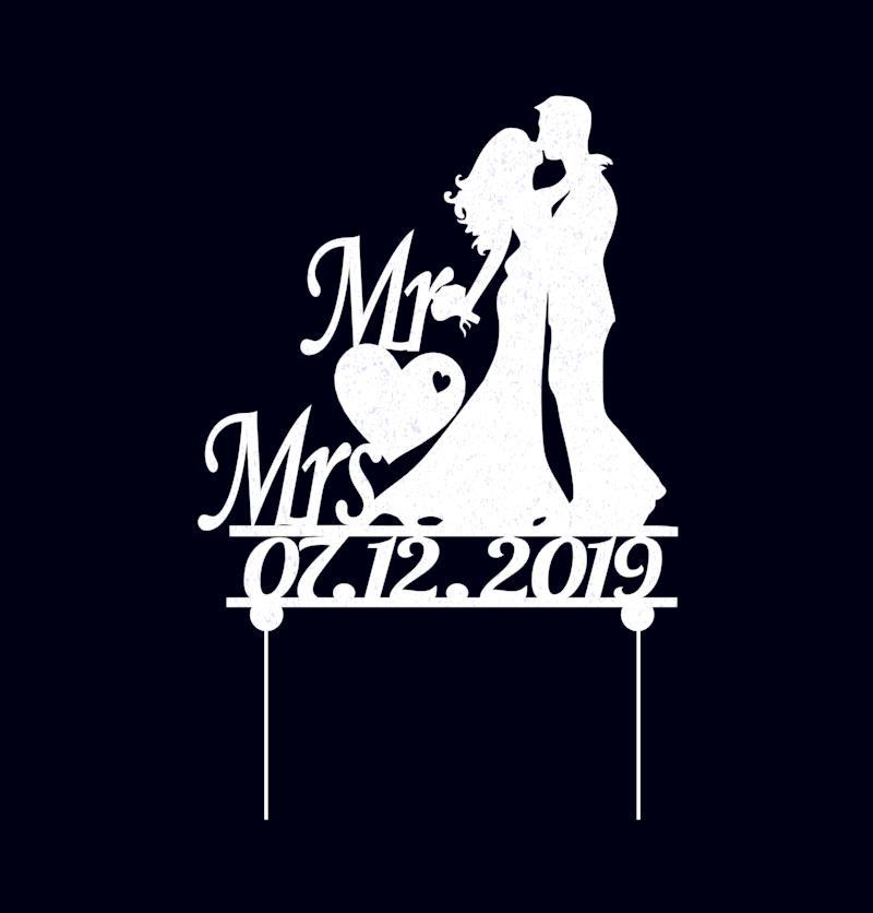 Весільний топпер Mr&Mrs пара силуети / Індивідуальна дата / Білий акрил