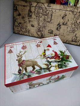 Подарункова Коробочка з малюнком дід мороз на санях 23 см