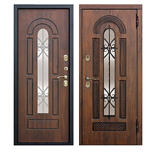 Входная металлическая дверь со стеклопакетом и ковкой Vikont 95mm 960х2050, Грецкий орех/ Грецкий орех