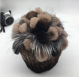 Коричнева жіноча шапка з хутра кролика Рекс і чорнобурки, фото 3