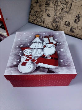 Подарункова Коробочка квадратна з малюнком дід мороз зі сніговиком 19.5 см