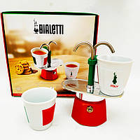 Подарочный набор Bialetti Mini Express Italia Tricolore кофеварка на 2 чашки (90 мл)+2 кофейные стаканчика