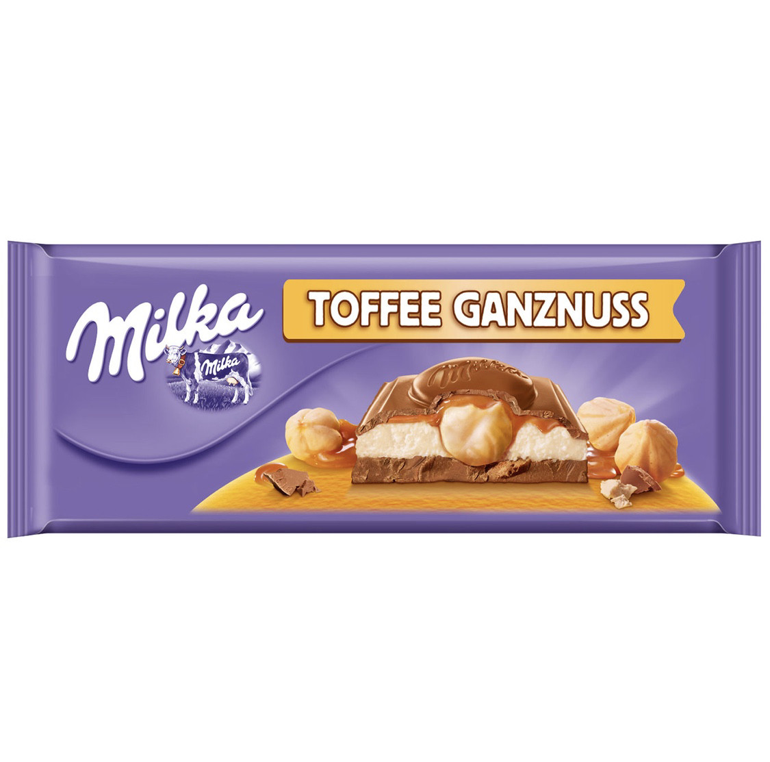 Milka Toffee Ganznuss Молочний шоколад із карамеллю та цілісним фундуком, фото 1