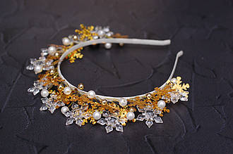 Обруч для волосся / Ободок на голову новорічні сніжинки сніжної королеви золотий 245