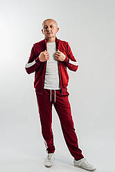 Стильний чоловічий спортивний костюм бордовий з білими лампасами і коміром стійкою