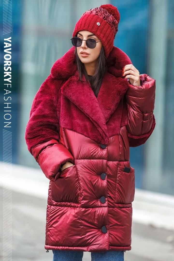 Бордовая куртка плащевая ткань + эко мех кролика S/M, L/XL