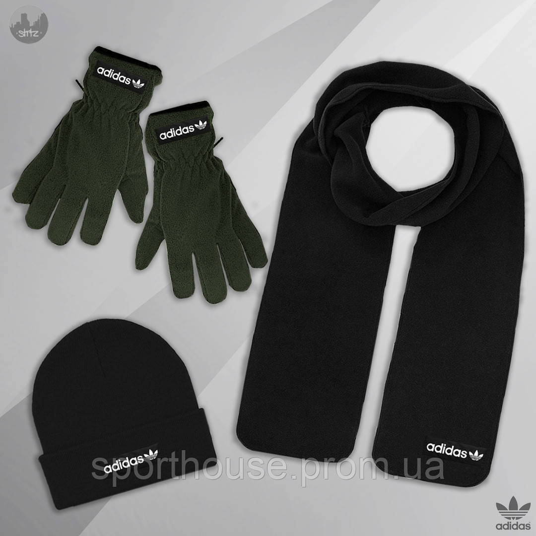Чоловічий комплект шапка + шарф + рукавички Adidas чорного і зеленого кольору (люкс)